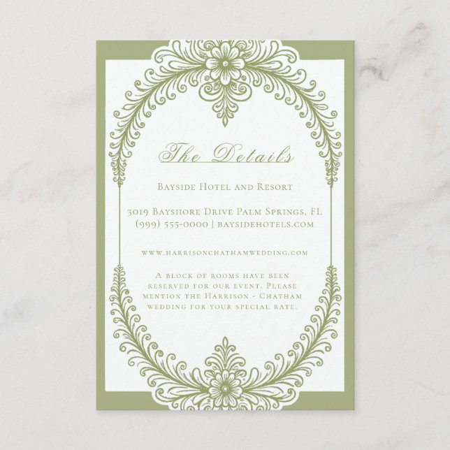Olive Green French Flourish Frame Wedding Enclosure Card (Front)
