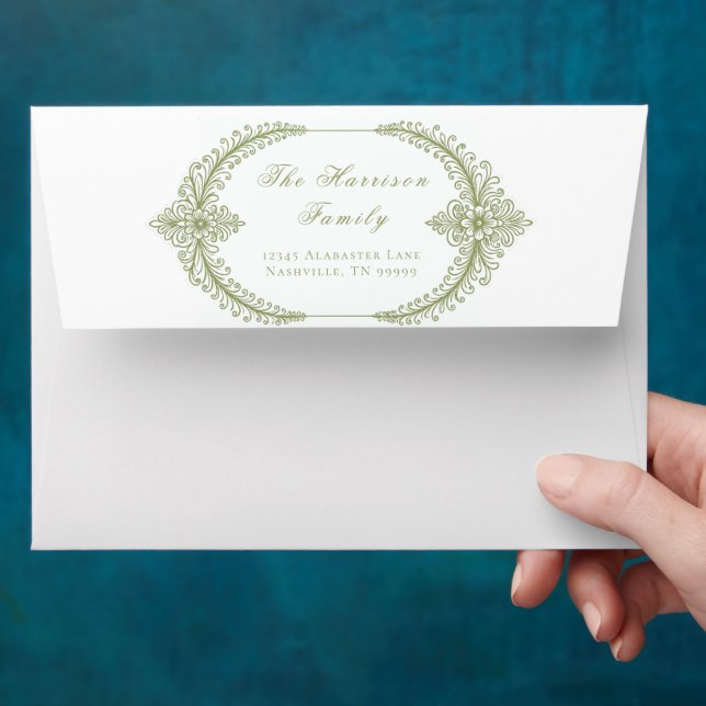Olive Green French Flourish Frame Wedding Envelope (Hand)
