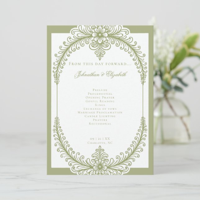 Olive Green French Flourish Frame Wedding Programme (Standing Front)
