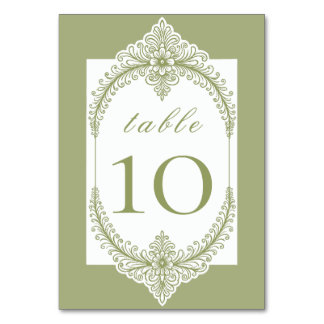 Olive Green French Flourish Frame Wedding Table Number