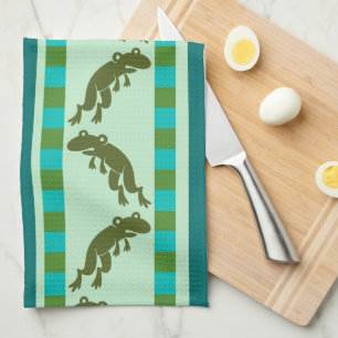 Olive Green Frog Pattern with Chequerboard Stripes Tea Towel