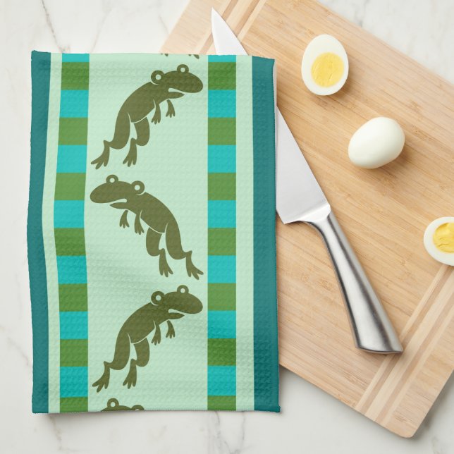 Olive Green Frog Pattern with Chequerboard Stripes Tea Towel (Quarter Fold)
