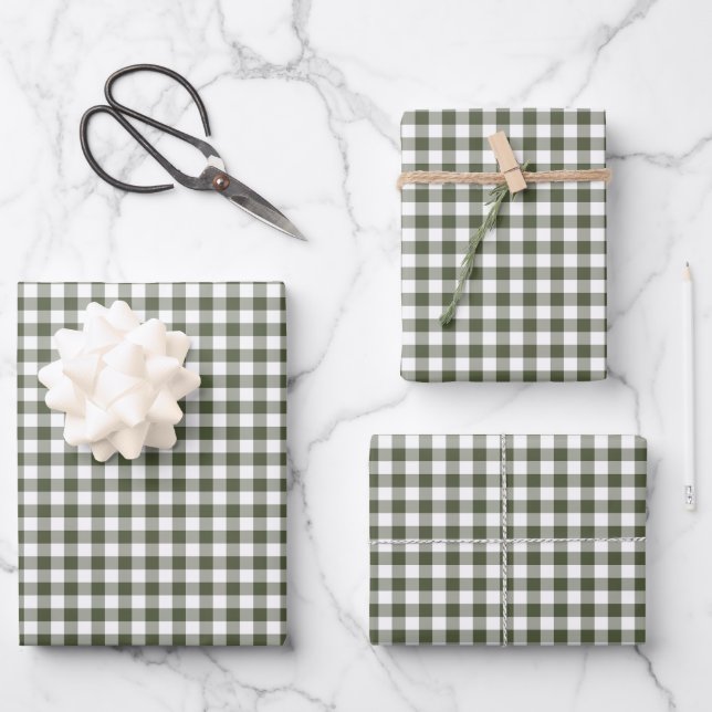 Olive Green Gingham Check Pattern Wrapping Paper Sheet (Front)