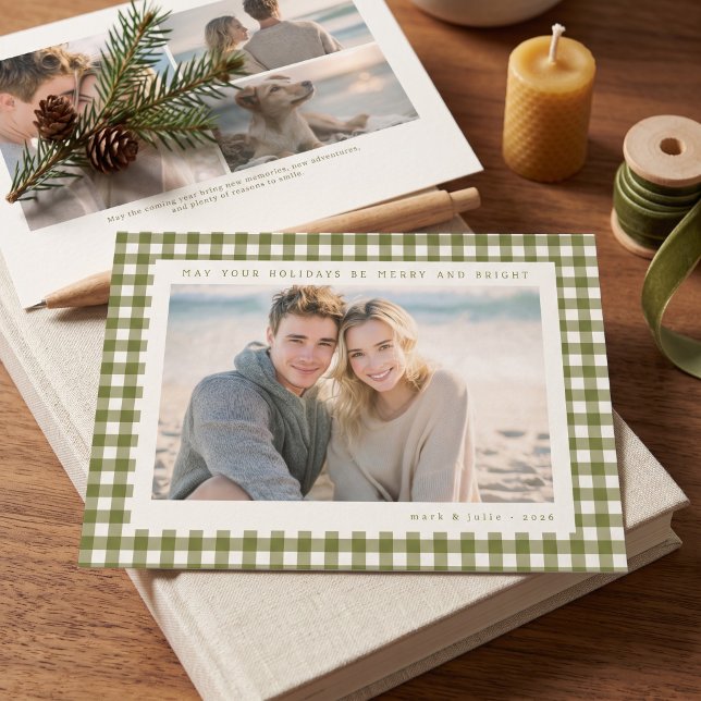 Olive Green Gingham Frame Holiday Photo Card (Simulated cards on table)