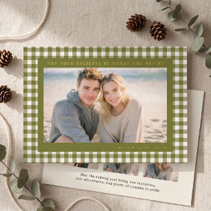 Olive Green Gingham Frame Photo Foil Holiday Card