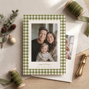 Olive Green Gingham Holiday Photo Card