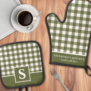 Olive Green Gingham Plaid Chequered Monogrammed Oven Mitt & Pot Holder Set