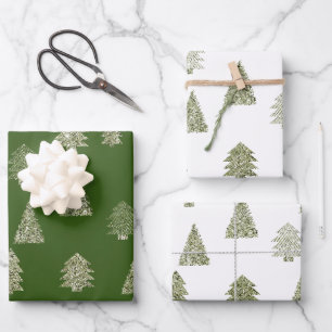 Olive Green Glitter Christmas Trees Wrapping Paper Sheet