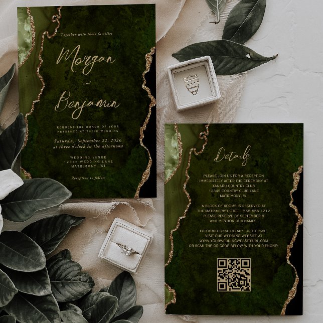Olive Green Gold Agate Script QR Code Wedding Invitation (Creator Uploaded)