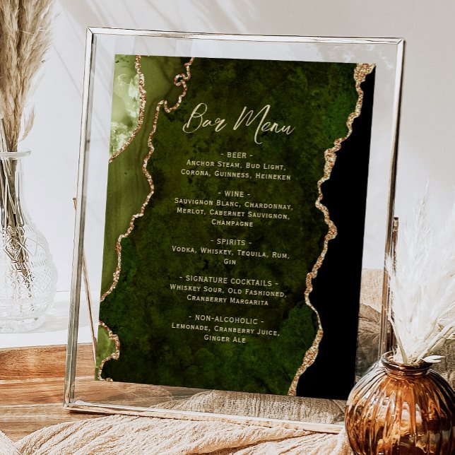 Olive Green Gold Agate Script Wedding Bar Menu  Poster (Creator Uploaded)