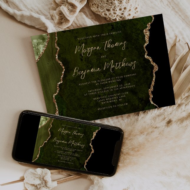 Olive Green Gold Agate Script Wedding Invitation (Creator Uploaded)