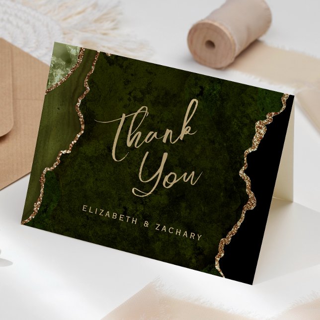 Olive Green Gold Agate Script Wedding Thank You Card (Creator Uploaded)