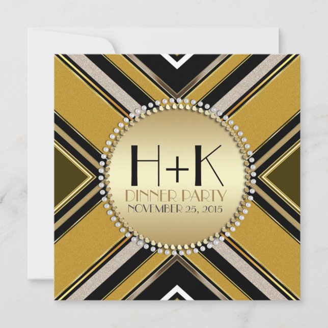 Olive Green Gold Art Deco Dinner Party Invitation (Front)