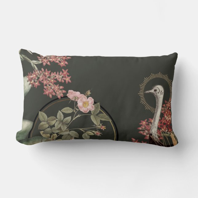 Olive Green & Gold Artistic Floral Design Lumbar Cushion (Front)