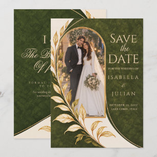 Olive Green Gold Botanical Arch Wedding Photo Invitation
