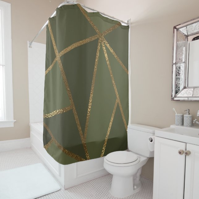 Olive Green Gold Bronze Geometric Glam Chic Shower Curtain (In Situ)