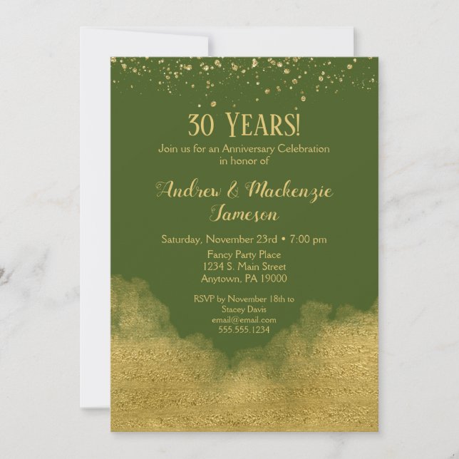 Olive Green Gold Confetti Anniversary Invitation (Front)