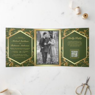 Olive Green Gold Flourish Photo QR Code Wedding Tri-Fold Invitation