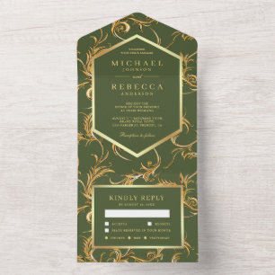 Olive Green Gold Foil Flourish Swirl Wedding All In One Invitation
