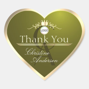 Olive Green Gold Frame Logo and Monogram Thank You Heart Sticker