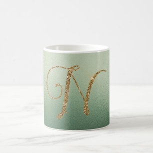 Olive Green Gold Glitter Letter N Coffee Mug