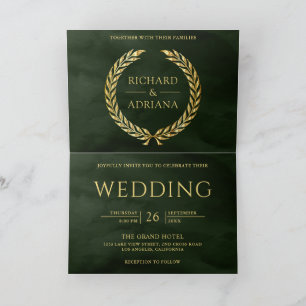 Olive Green Gold Laurel Minimal QR Code Wedding Invitation