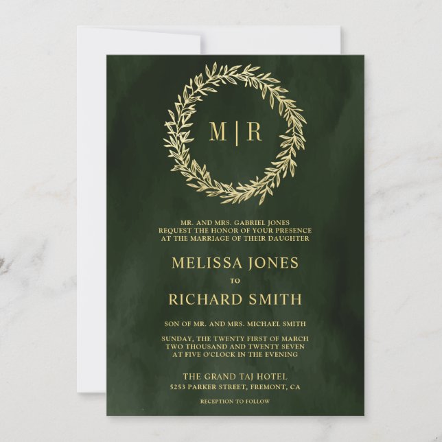 Olive Green Gold Leaf Branch QR Code Wedding Invitation (Front)