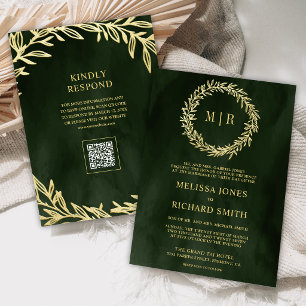 Olive Green Gold Leaf Branch QR Code Wedding Invitation