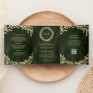Olive Green Gold Leaf Branch QR Code Wedding Tri-Fold Invitation