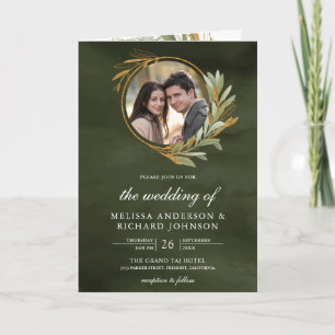 Olive Green Gold Leaves Photo QR Code Wedding Invitation