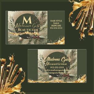 Olive Green Gold Monogram Beautician Professional Business Card