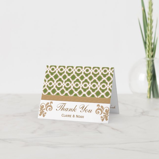 Olive Green Gold Moroccan Thank You Wedding Card (Front)