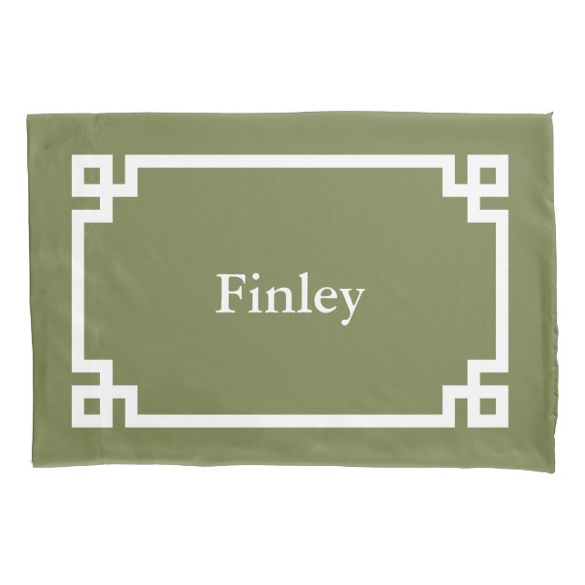 Olive Green Greek Key Monogram Standard Pillowcase (Front)