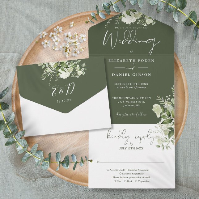 Olive Green Greenery Floral Monogram Wedding All In One Invitation (Olive Green Greenery Floral Monogram Wedding All In One Invitation)
