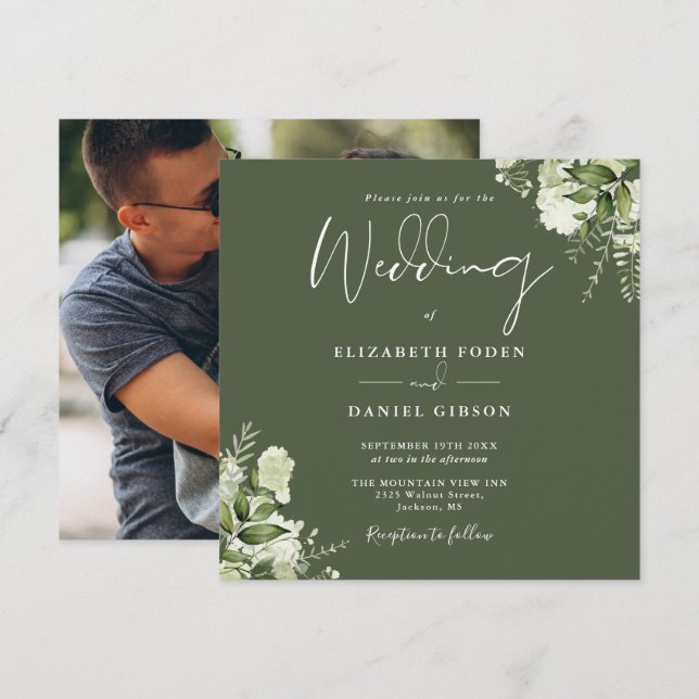 Olive Green Greenery Floral Photo Square Wedding Invitation (Front/Back)