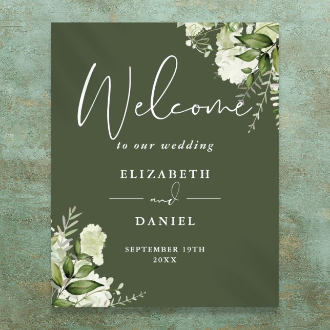 Olive Green Greenery Floral Wedding Welcome Sign (Olive Green Greenery Floral Wedding Welcome Sign)