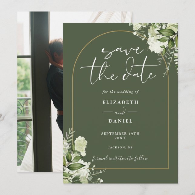 Olive Green Greenery Gold Arch Photo Wedding Save The Date (Front/Back)