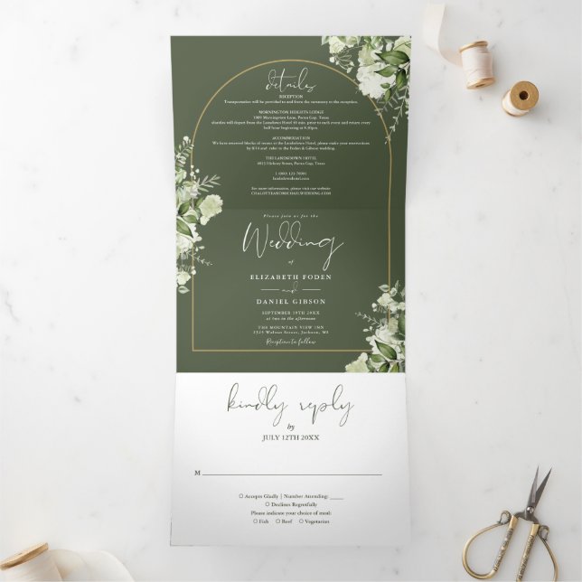 Olive green Greenery Gold Arch Photo Wedding Tri-Fold Invitation (Inside)