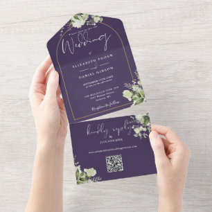 Olive Green Greenery Gold Arch QR Code Wedding All In One Invitation
