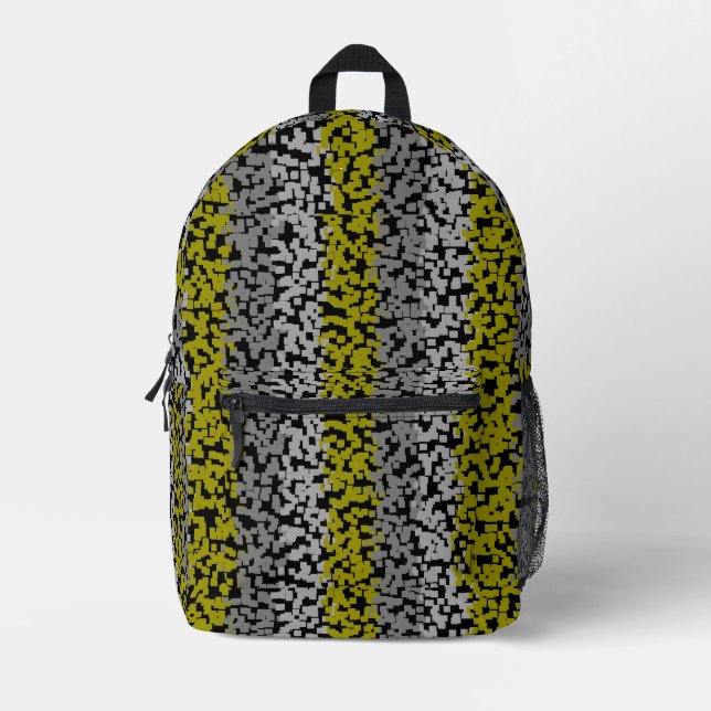 Olive green grey black digital pixelated stripes printed backpack (Front)