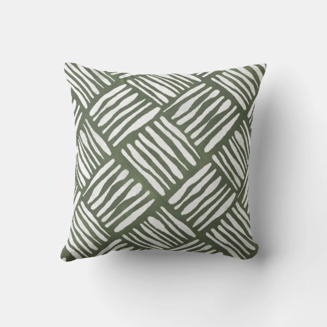 Olive Green Hand-Drawn Basket Weave Cushion (Back)