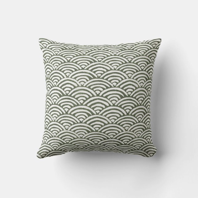 Olive Green Hand-Drawn Seigaiha Ocean Waves Cushion (Back)
