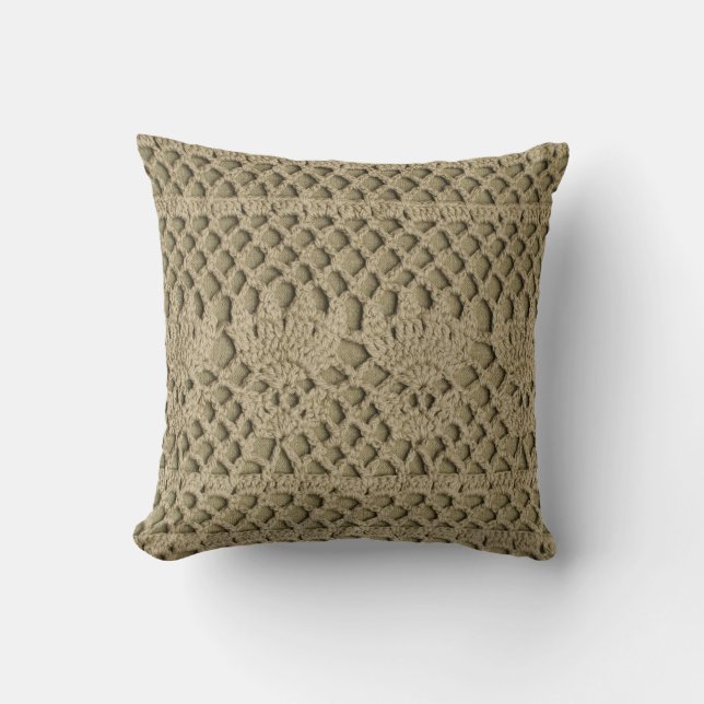 Olive green handmade lace on olive background cushion (Front)