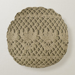 Olive green handmade lace on olive background round cushion