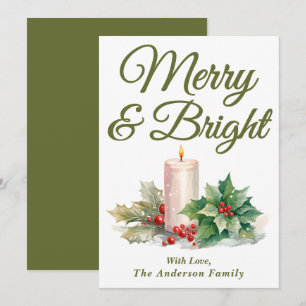 Olive Green Handwritten Script Merry & Bright Holiday Card
