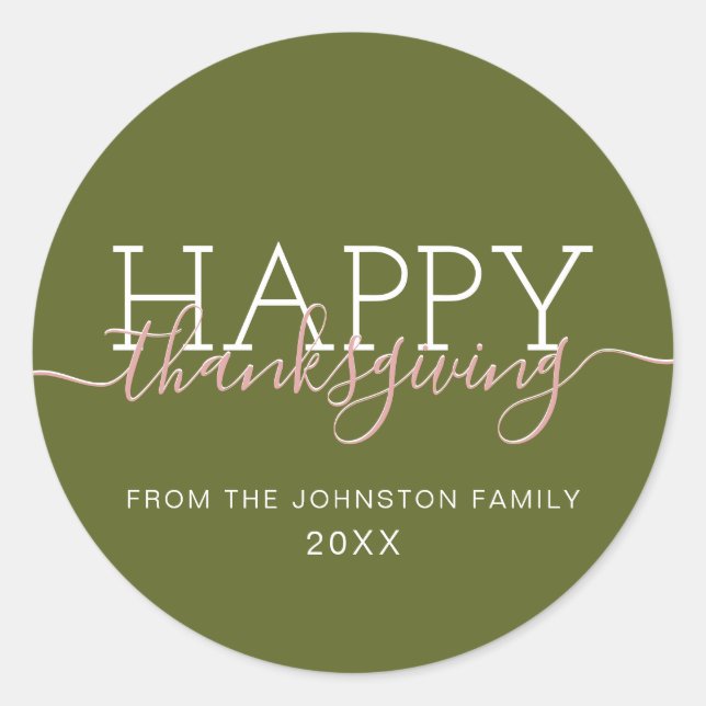 Olive green Happy thanksgiving Classic Round Sticker (Front)