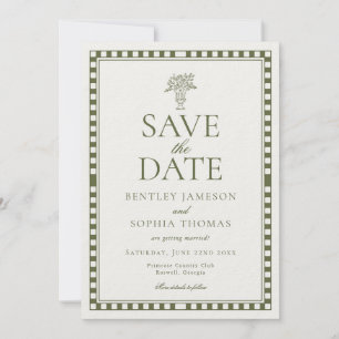 Olive Green Harlequin Chequered Save the Date Invitation