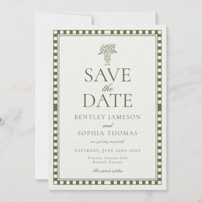 Olive Green Harlequin Chequered Save the Date Invitation (Front)
