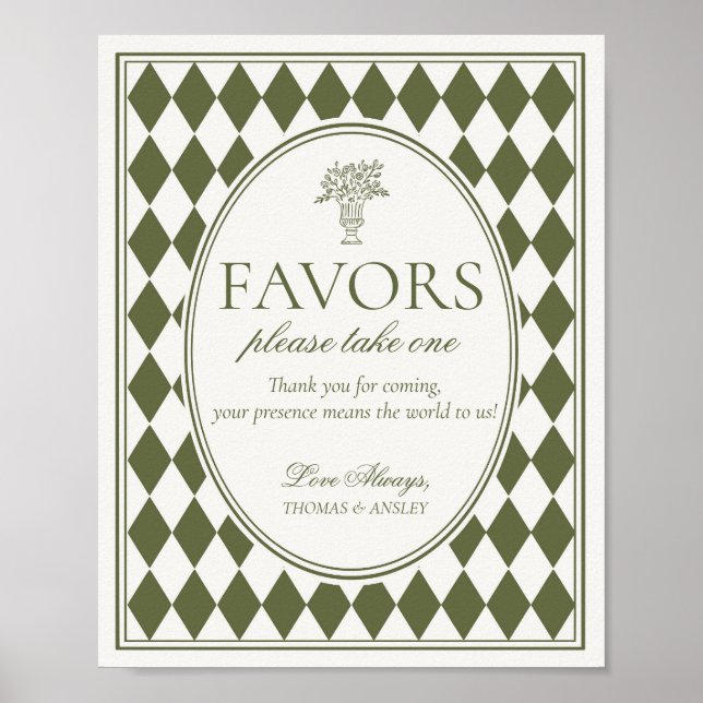Olive Green Harlequin Chequered Wedding Favour Sig Poster (Front)