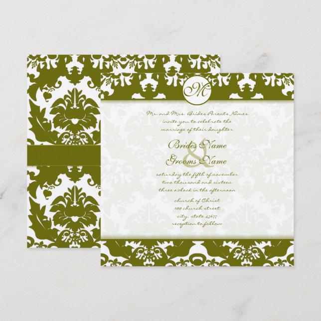 Olive Green Heart Damask Wedding Invitation (Front/Back)